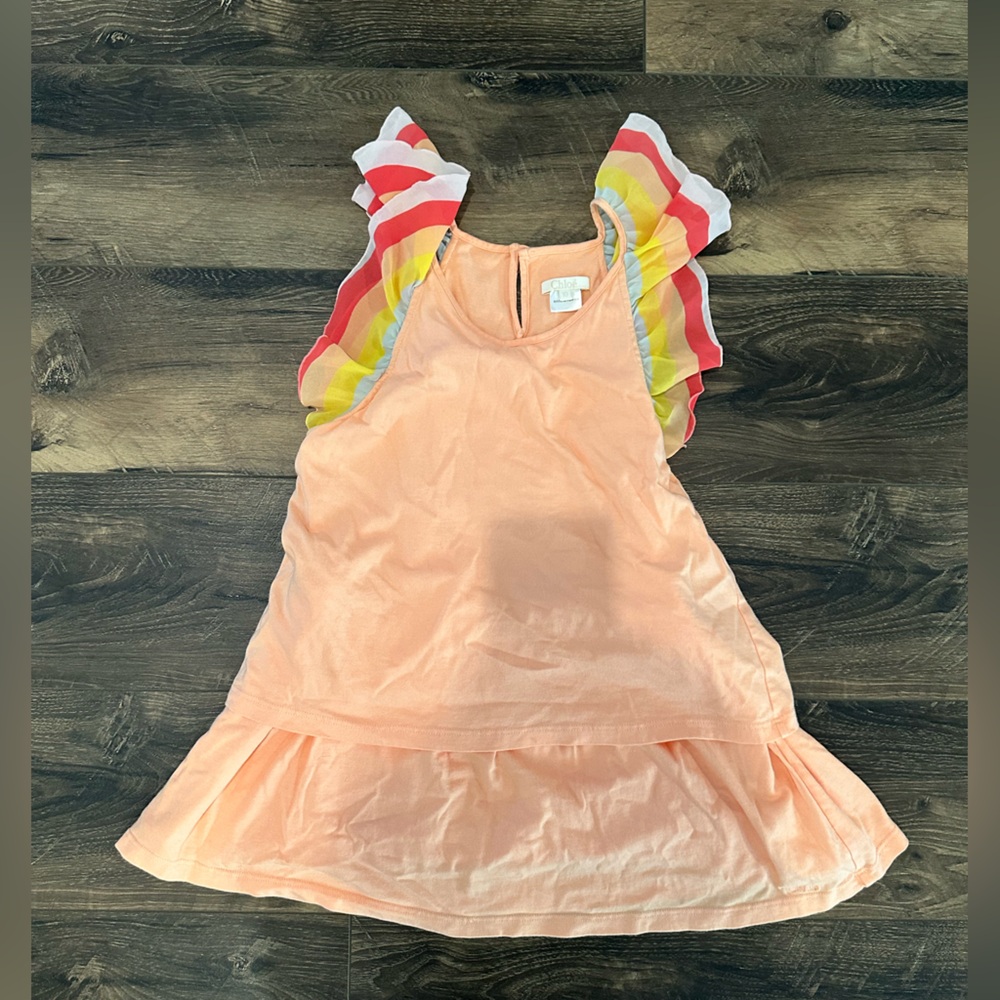 Chloe Peach Dress with Multicolor Ruffle Sleeves